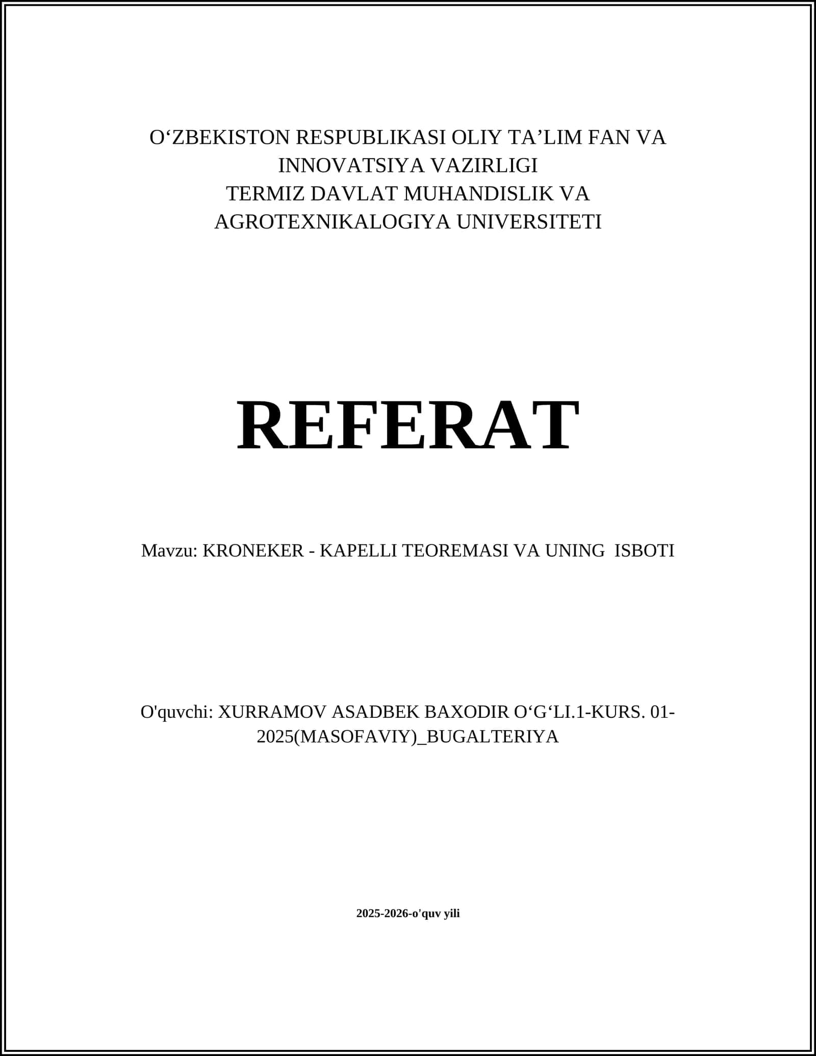 KRONEKER - KAPELLI TEOREMASI VA UNING ISBOTI