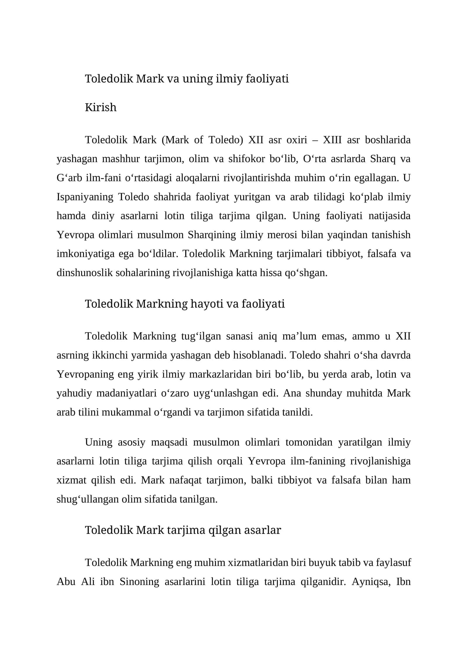 Toledolik Mark va uning ilmiy faoliyati