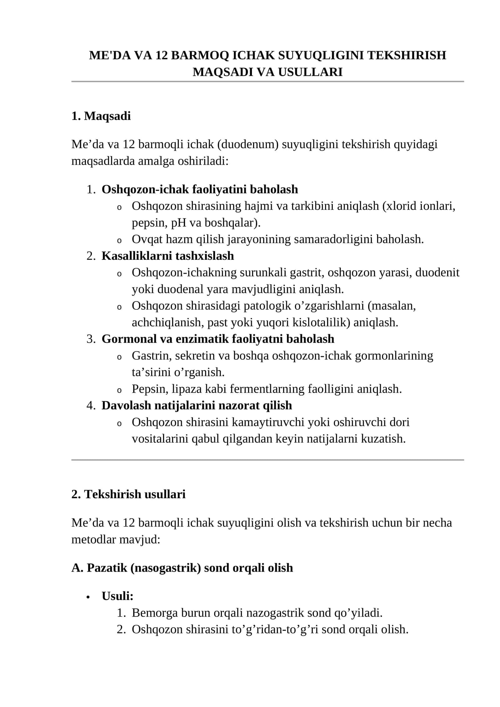 Me’da va 12 barmoq ichak suyuqligini tekshirish maqsadi va usullari