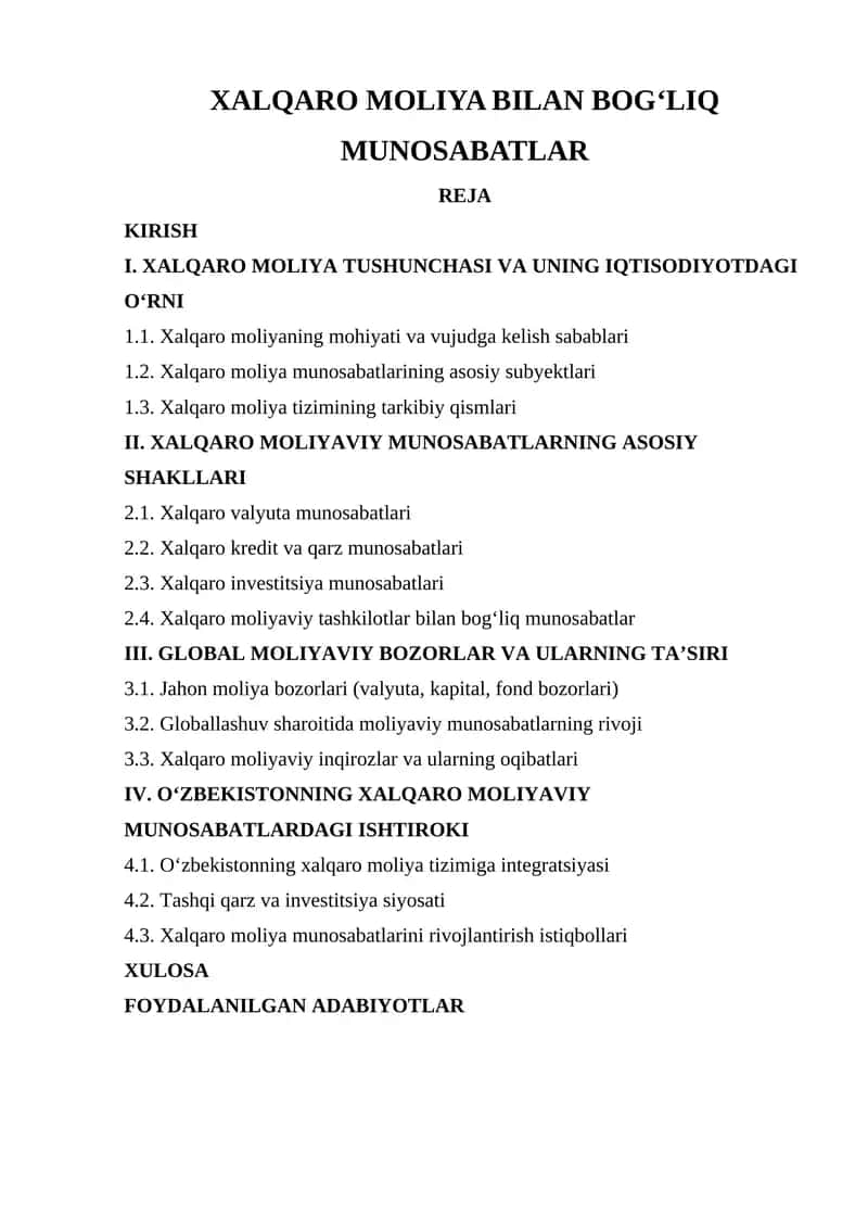 XALQARO MOLIYA BILAN BOG‘LIQ MUNOSABATLAR