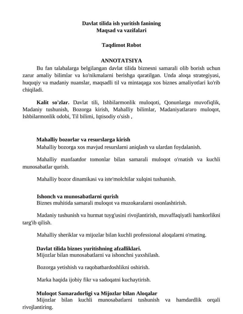 Davlat tilida ish yuritish fanining Maqsad va vazifalari