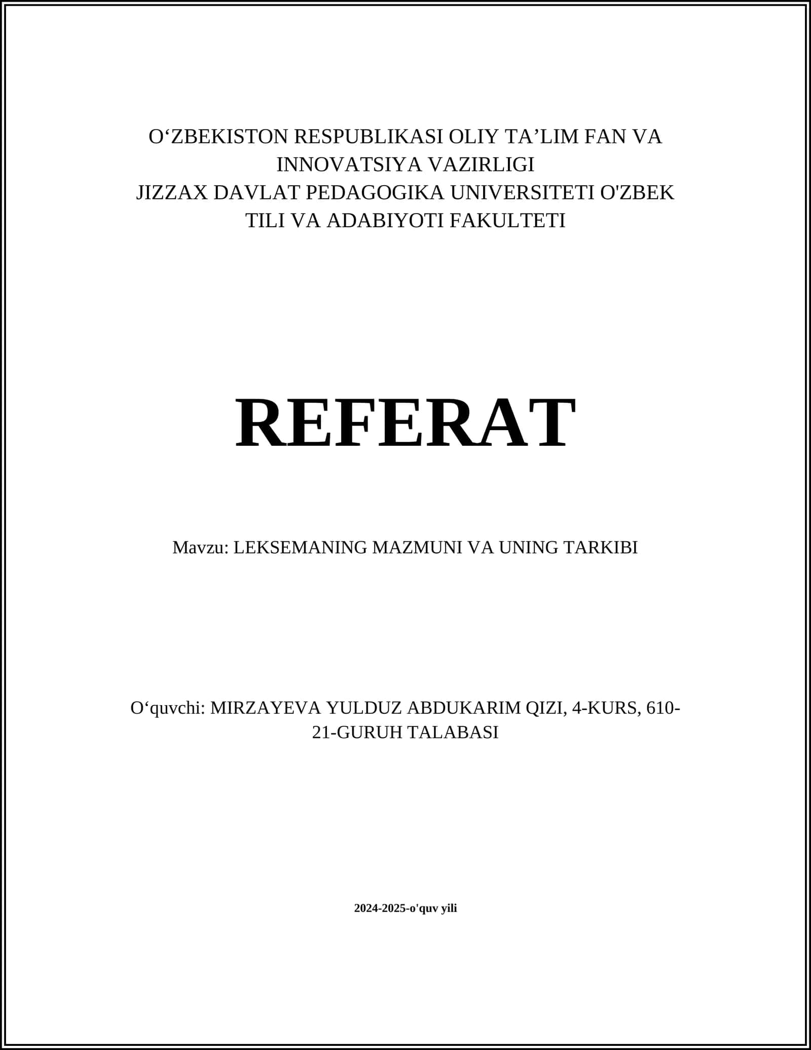 LEKSEMANING MAZMUNI VA UNING TARKIBI