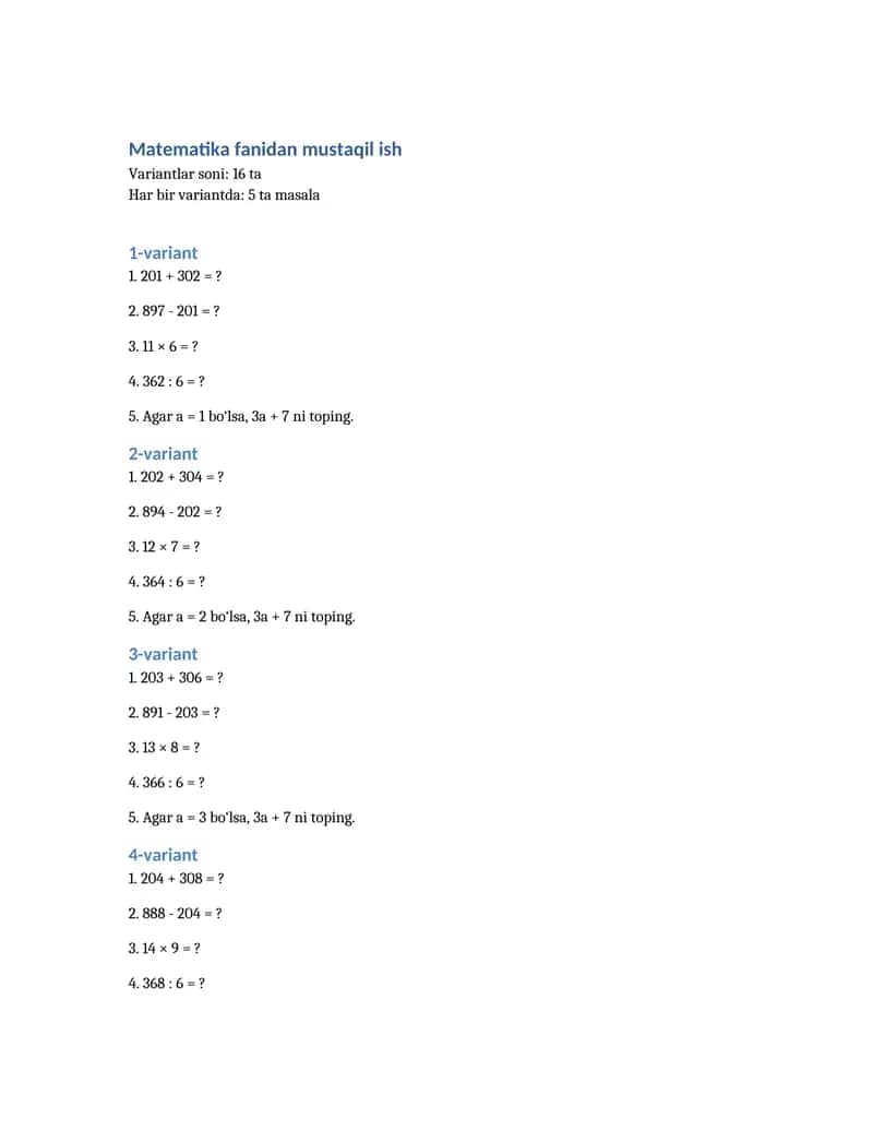 Matematika fanidan mustaqil ish