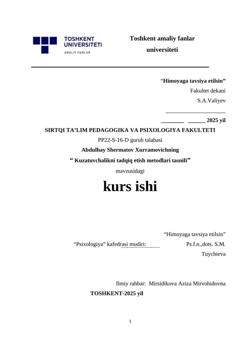 Kuzatuvchalikni tadqiq etish metodlari tasnifi.