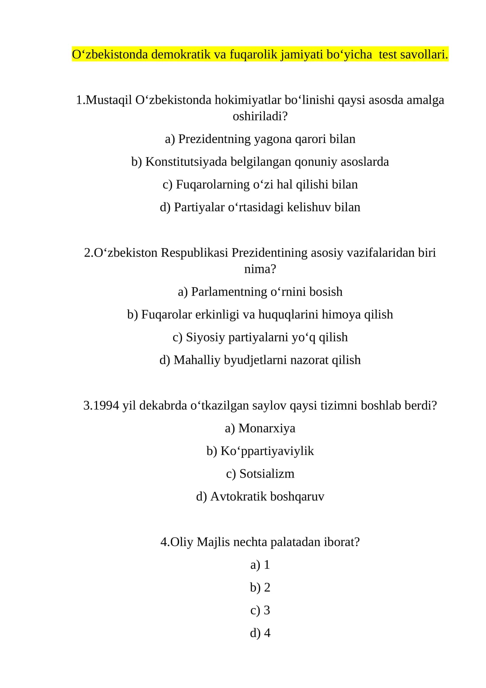 O‘zbekistonda demokratik va fuqarolik jamiyati bo‘yicha test savollari