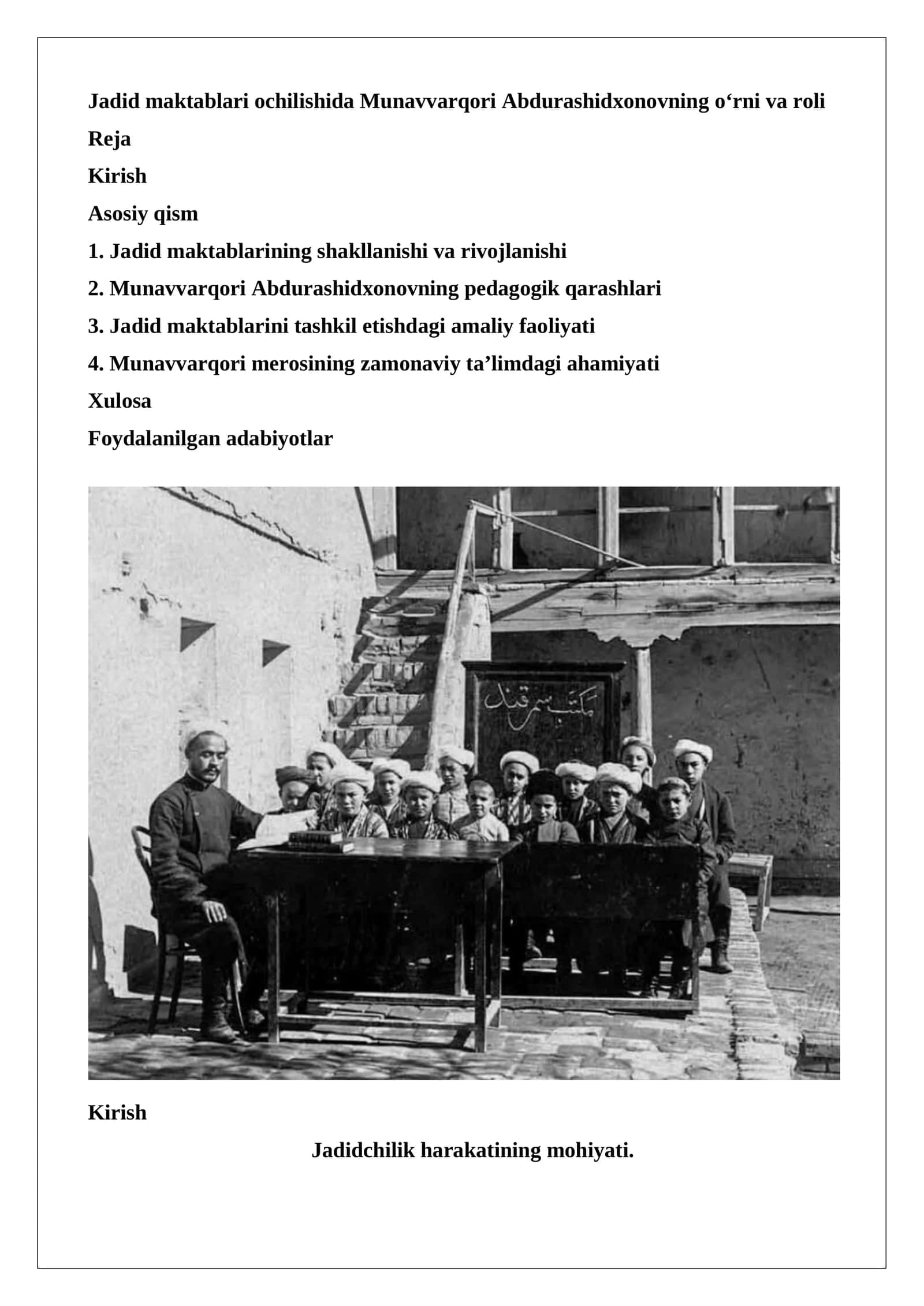 Jadid maktablari ochilishida Munavvarqori Abdurashidxonovning o‘rni va roli.