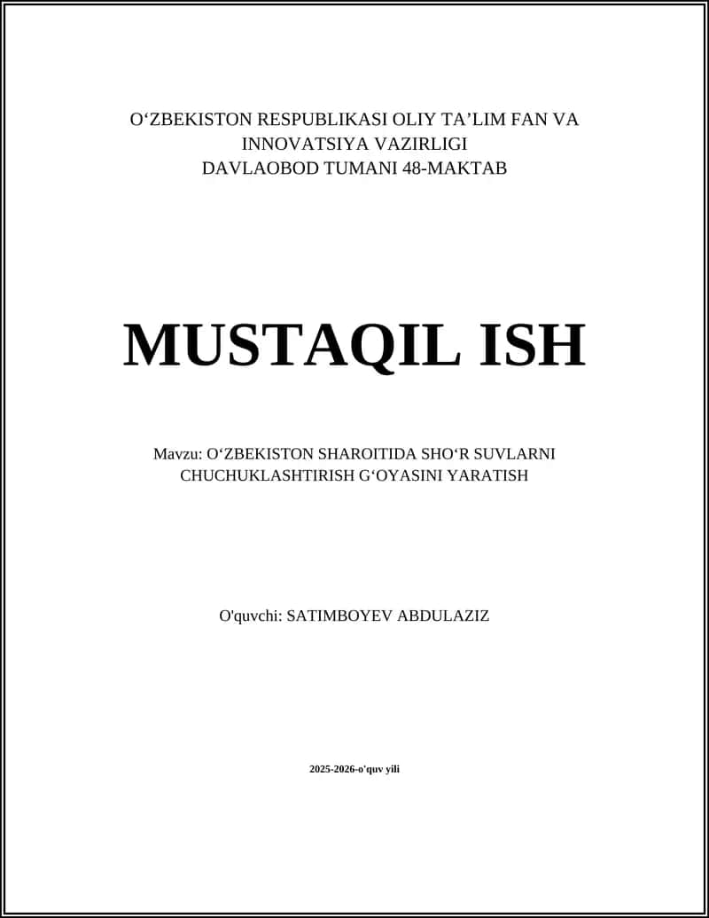 O‘ZBEKISTON SHAROITIDA SHO‘R SUVLARNI CHUCHUKLASHTIRISH G‘OYASI