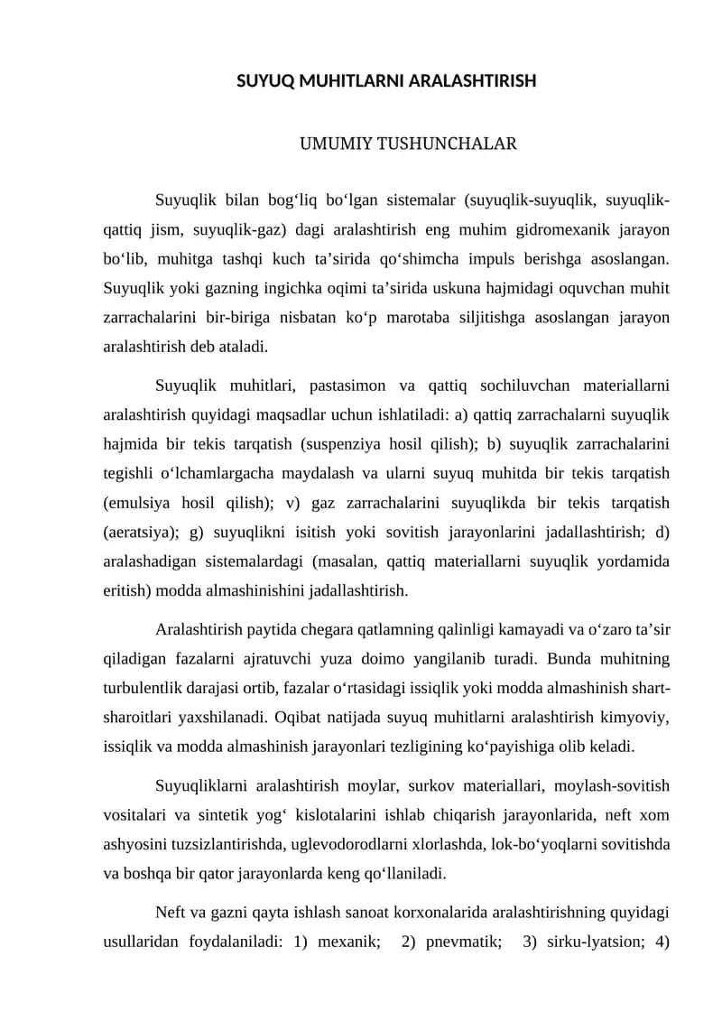 SUYUQ MUHITLARNI ARALASHTIRISH