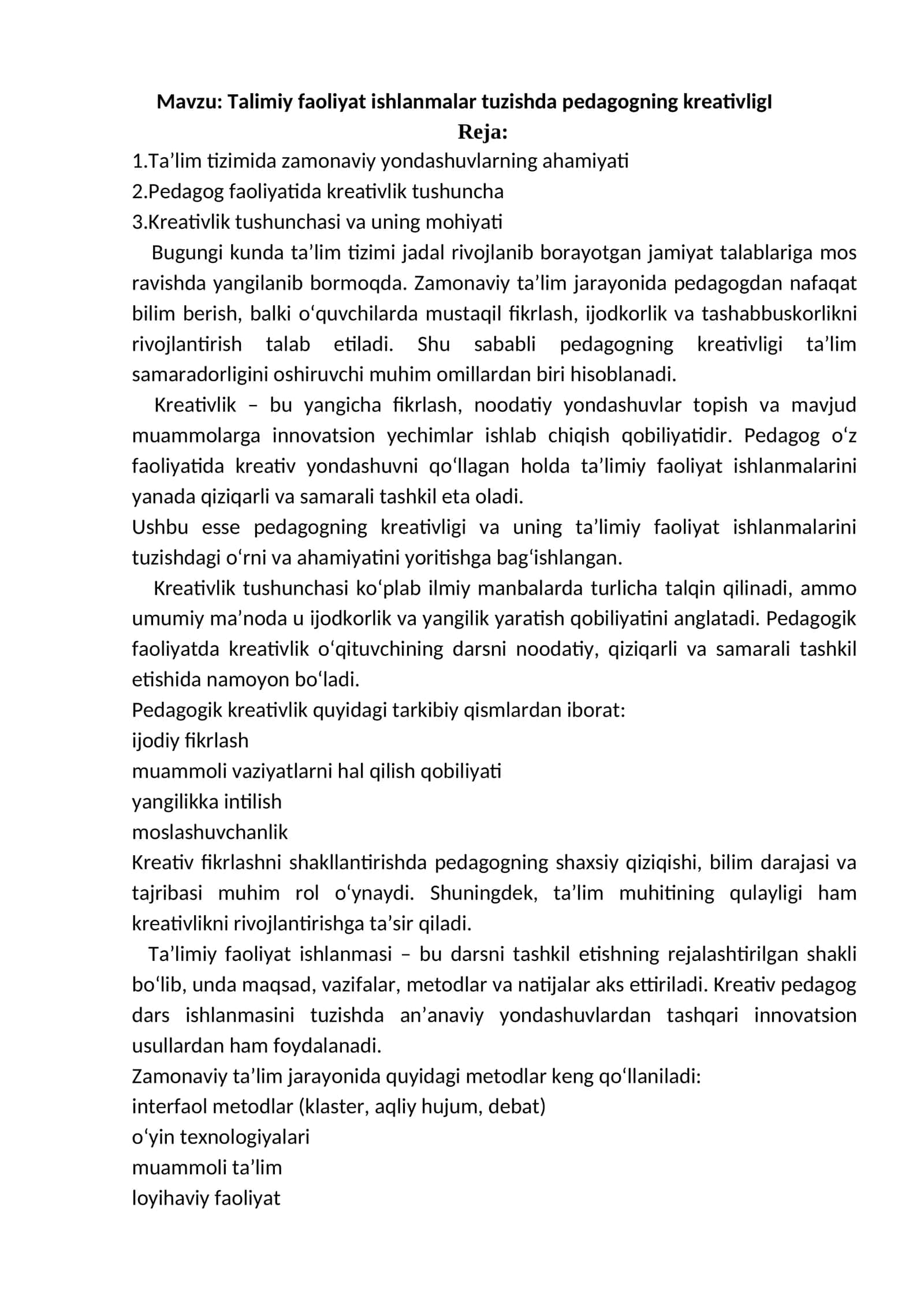 Talimiy faoliyat ishlanmalar tuzishda pedagogning kreativligI