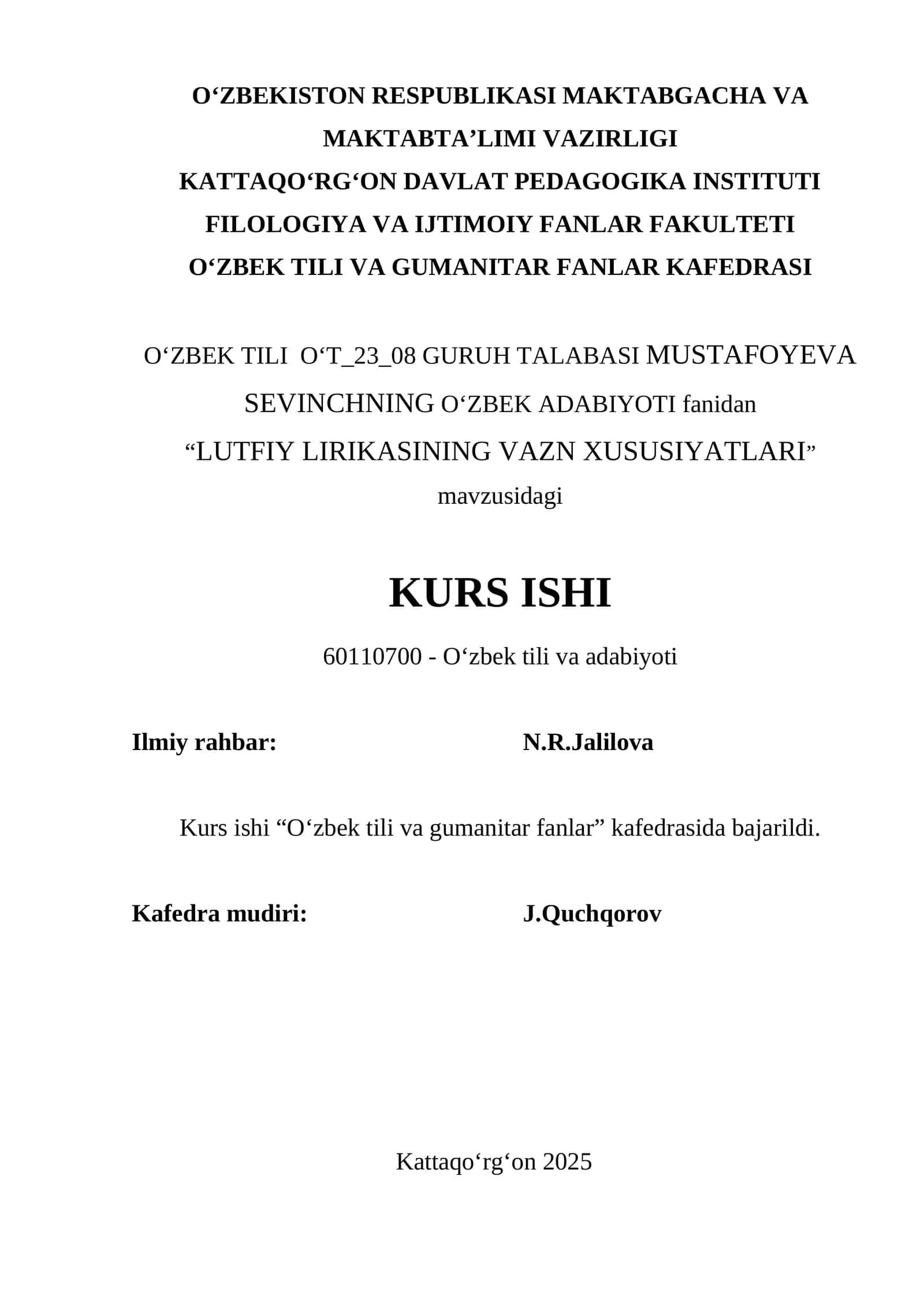 LUTFIY LIRIKASINING VAZN XUSUSIYATLARI