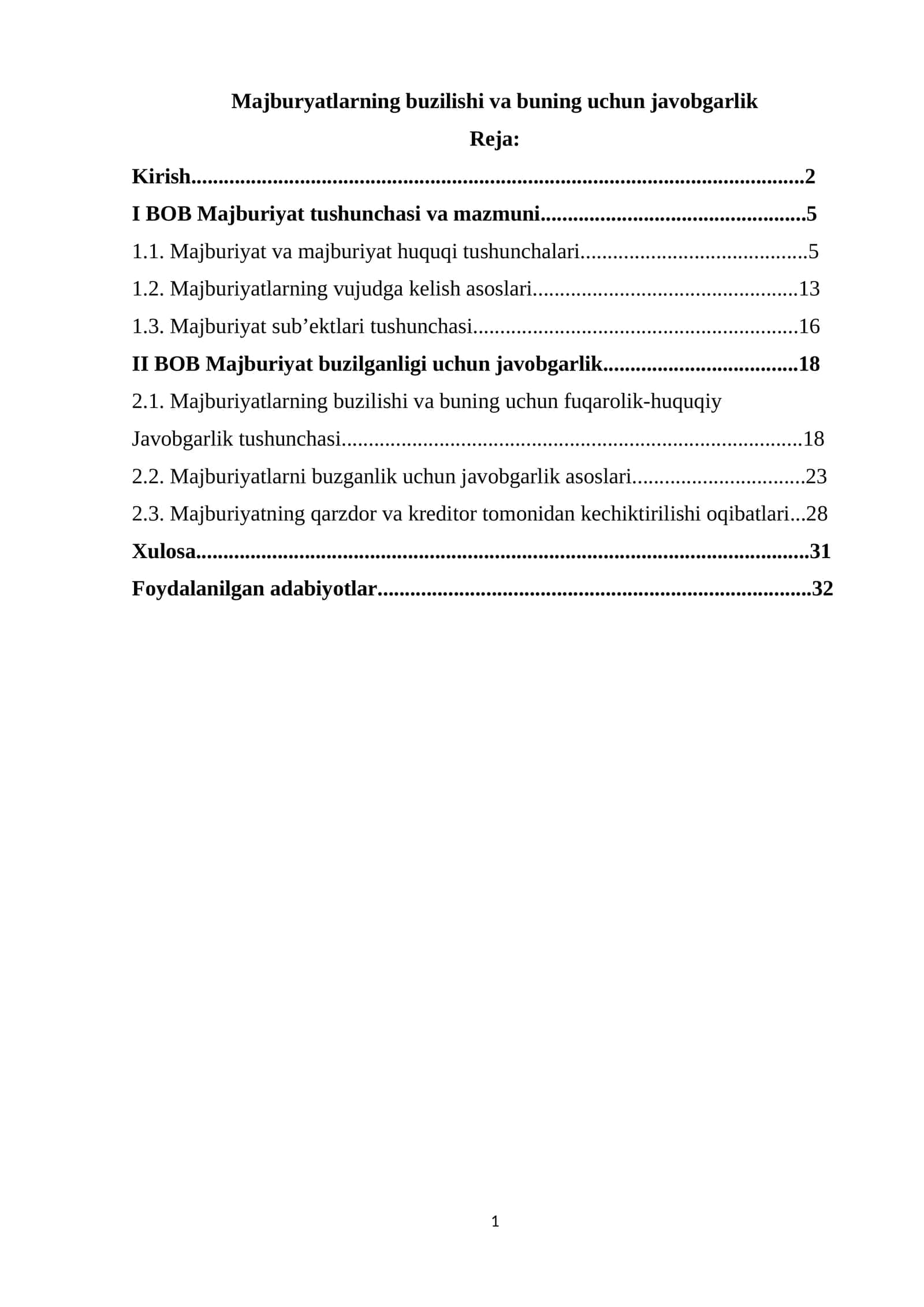 Majburyatlarning buzilishi va buning uchun javobgarlik Kurs ishi