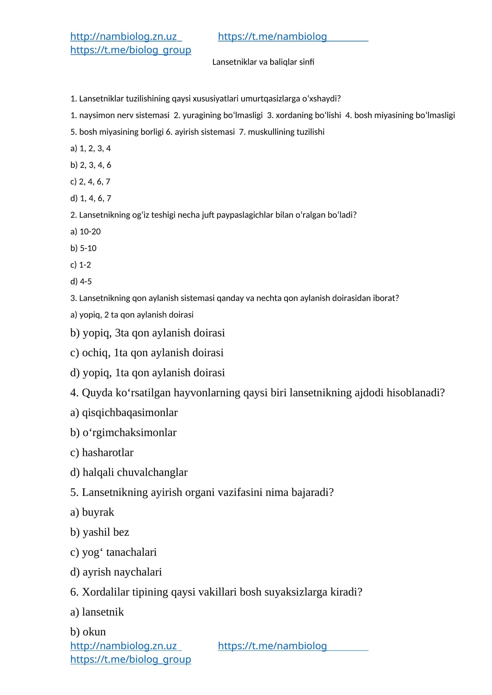 Lansetniklar va baliqlar sinfi
