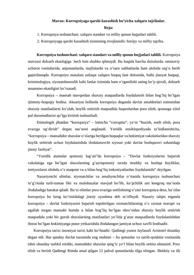 Korrupsiyaga qarshi kurashish bo’yicha xalqaro tajribalar