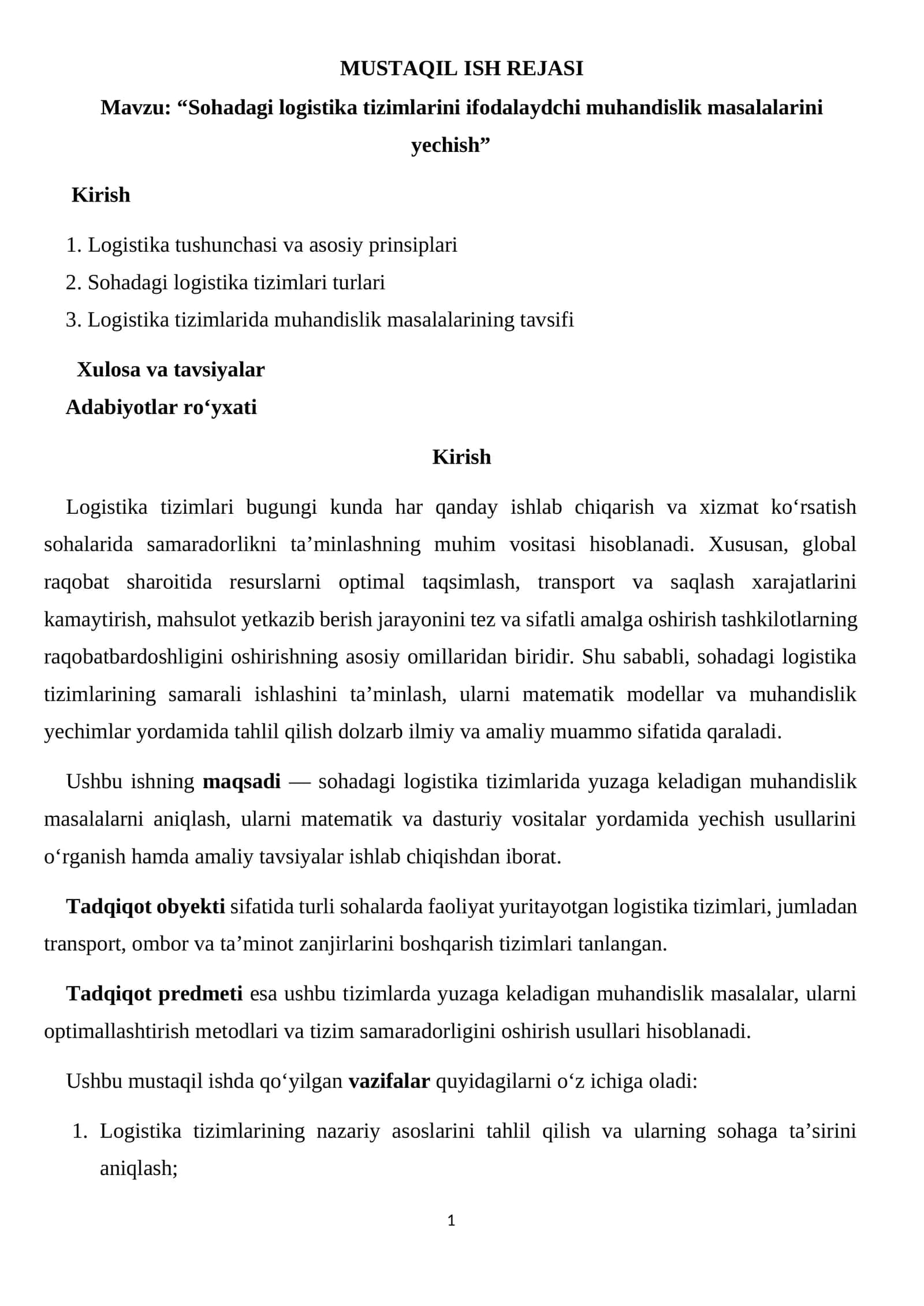 “Sohadagi logistika tizimlarini ifodalaydchi muhandislik masalalarini yechish”