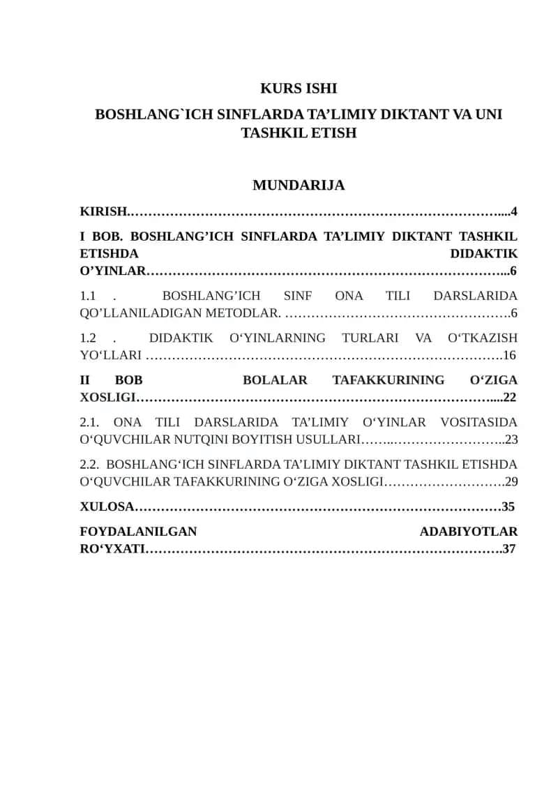 BOSHLANG`ICH SINFLARDA TA’LIMIY DIKTANT VA UNI TASHKIL ETISH