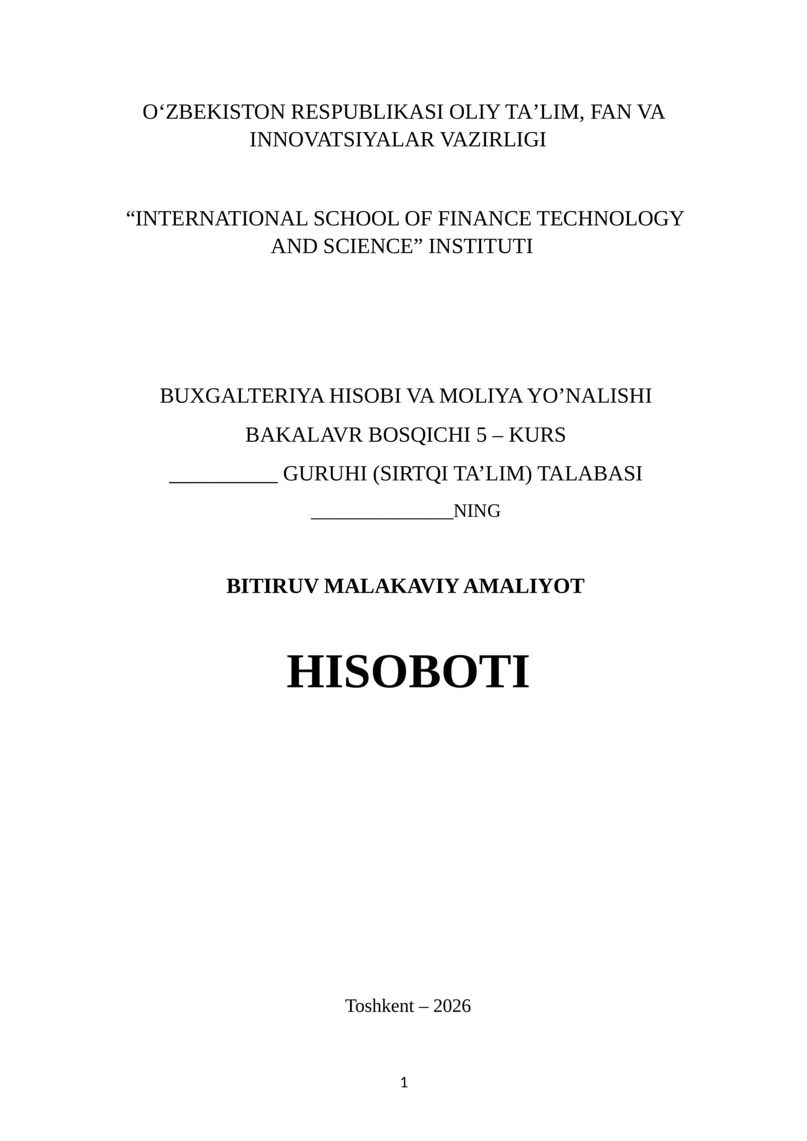 "AVTO SALON"DA Amaliyot oʻtaganlar uchun bitiruv malakaviy amaliyot hisoboti. 6 haftalik.