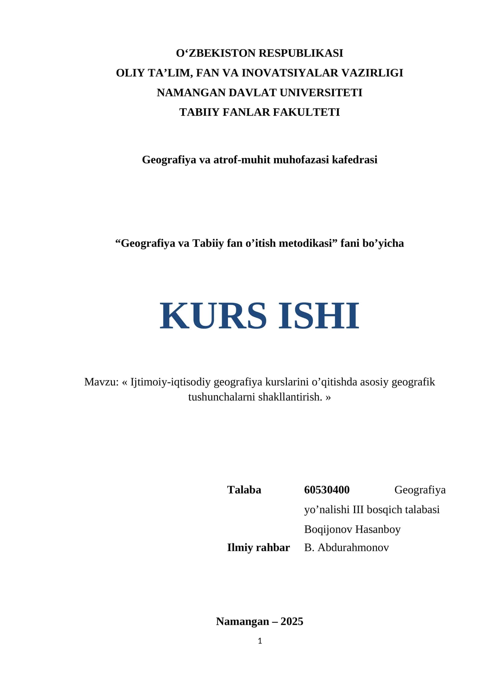 KURS ISHI: Geografiya va Tabiiy fan o’itish metodikasi