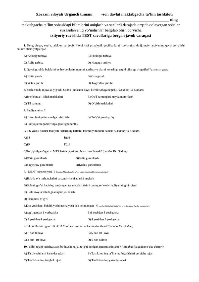 TEST savollariga bergan javob varaqasi