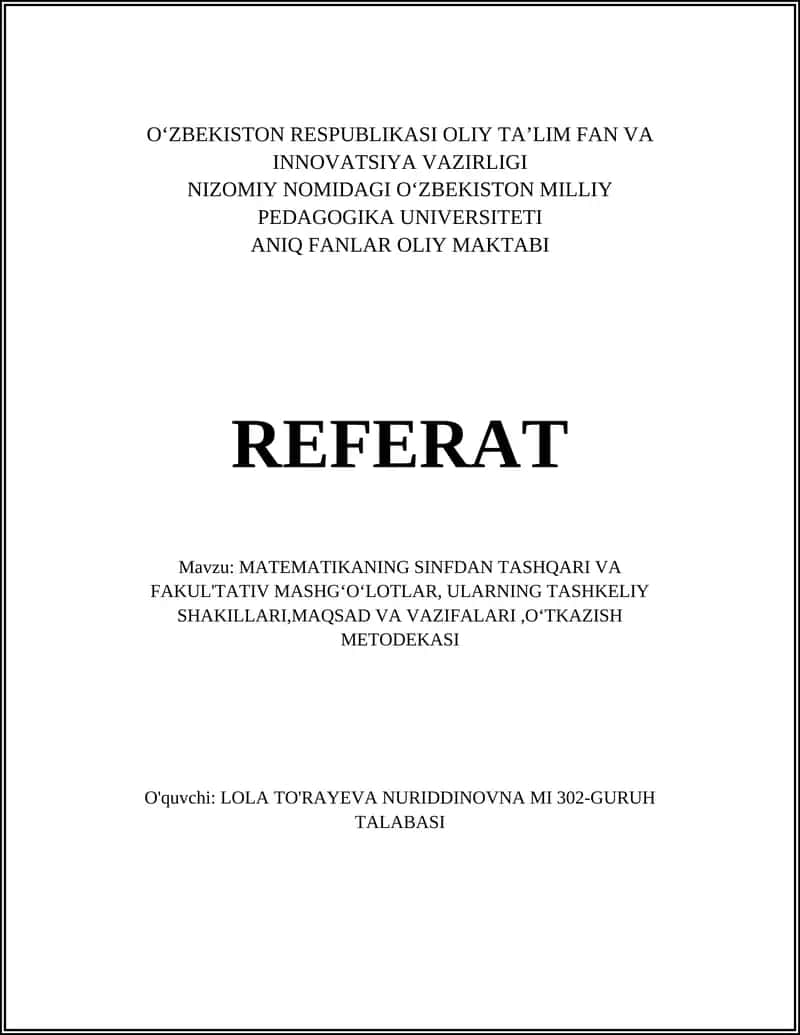 MATEMATIKANING SINFDAN TASHQARI VA FAKUL'TATIV MASHGʻOʻLOTLAR