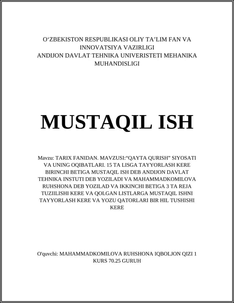 QAYTA QURISH SIYOSATI VA UNING OQIBATLARI