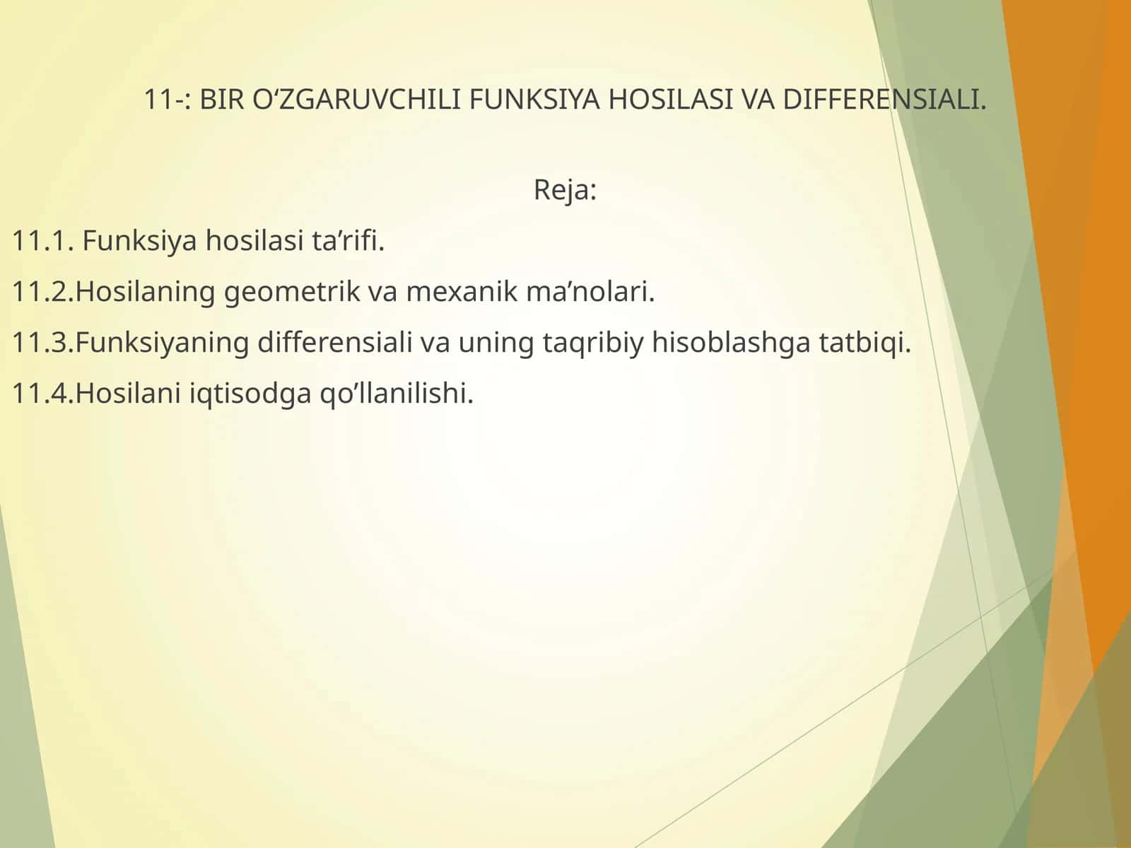 BIR О‘ZGARUVCHILI FUNKSIYA HOSILASI VA DIFFERENSIALI