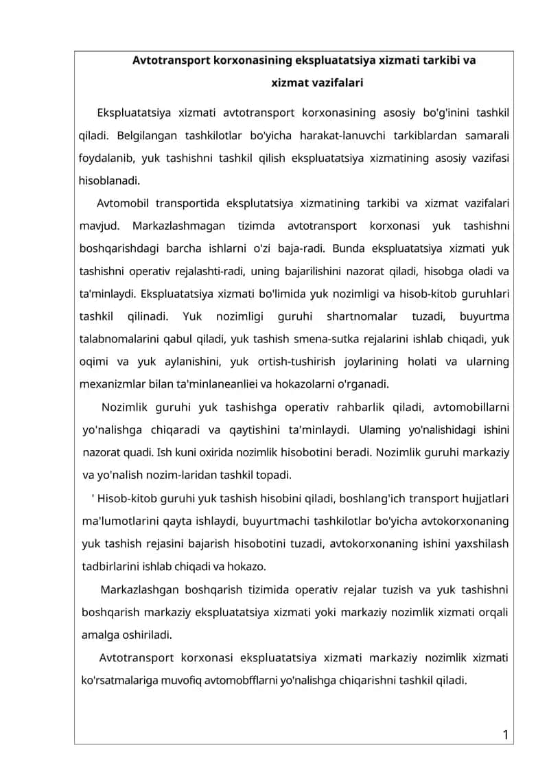 Avtotransport korxonasining ekspluatatsiya xizmati tarkibi va xizmat vazifalari