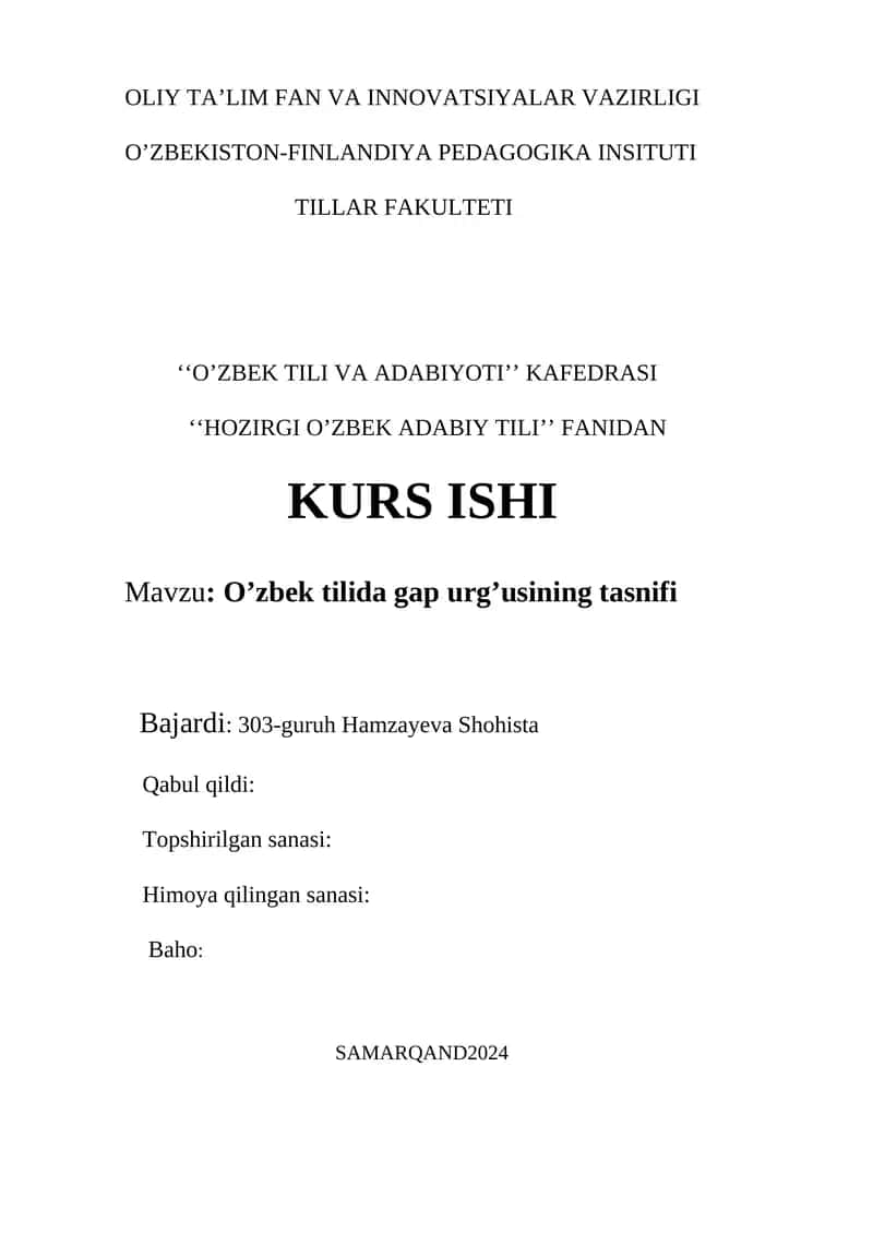 O'zbek tili va adabiyoti kurs ishi