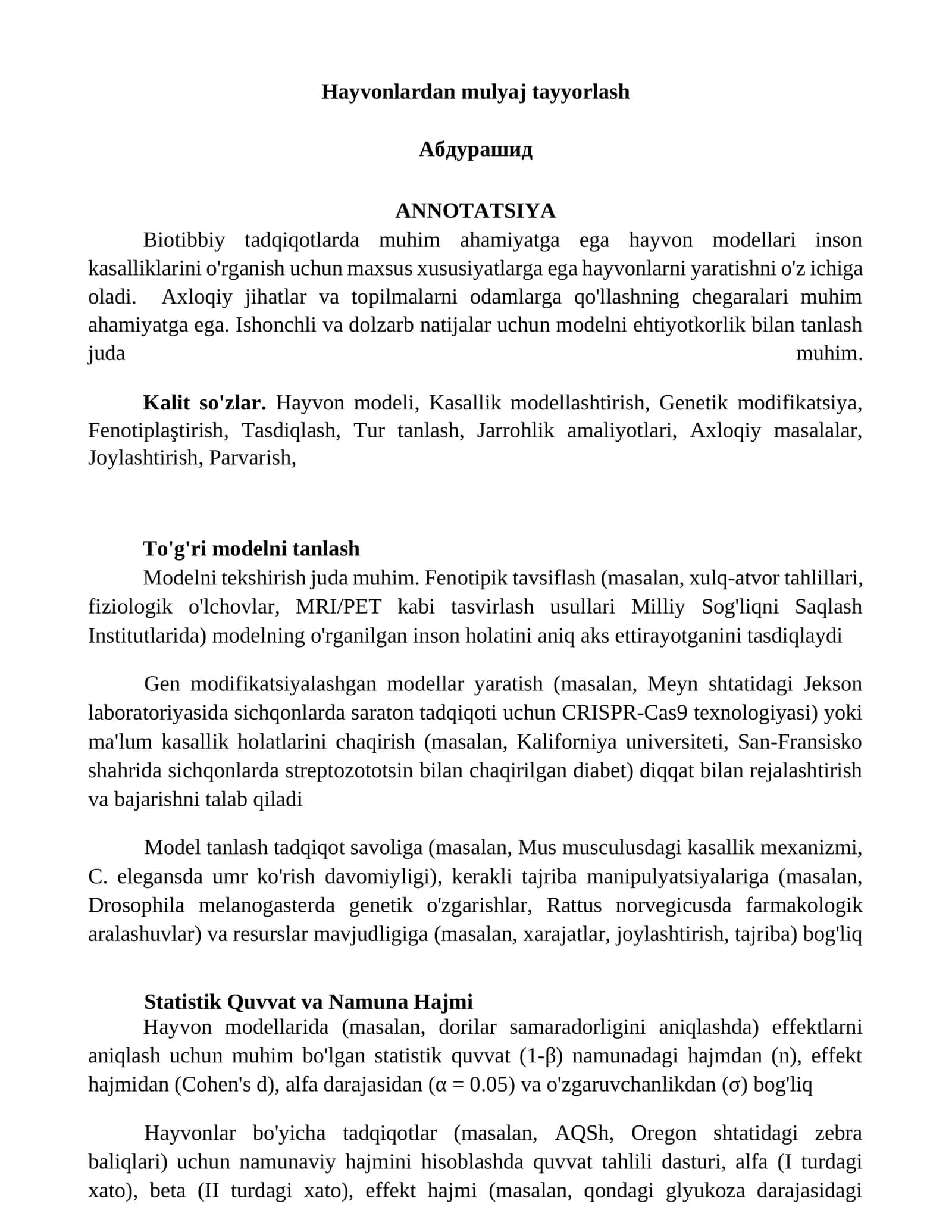 Hayvonlardan mulyaj tayyorlash