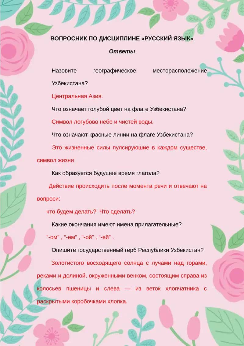 ВОПРОСНИК ПО ДИСЦИПЛИНЕ «РУССКИЙ ЯЗЫК»