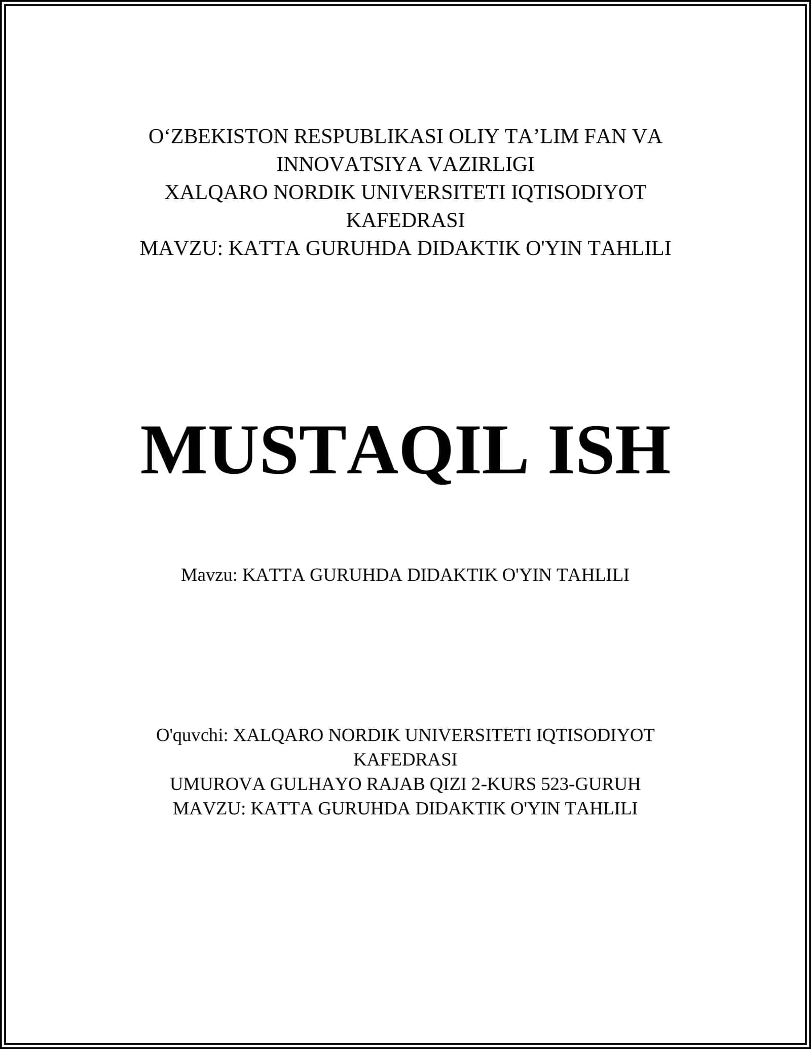 KATTA GURUHDA DIDAKTIK O'YIN TAHLILI