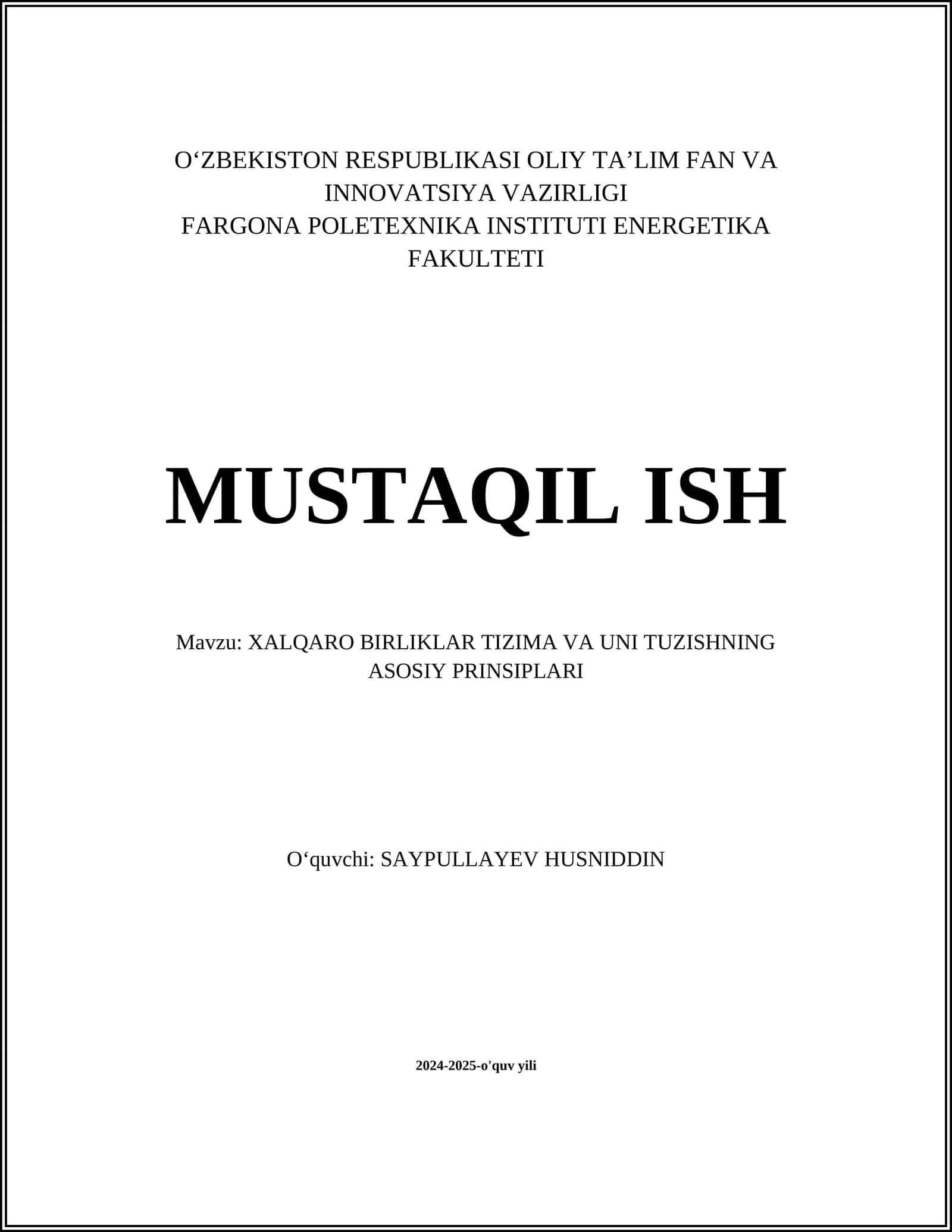 XALQARO BIRLIKLAR TIZIMA VA UNI TUZISHNING ASOSIY PRINSIPLARI