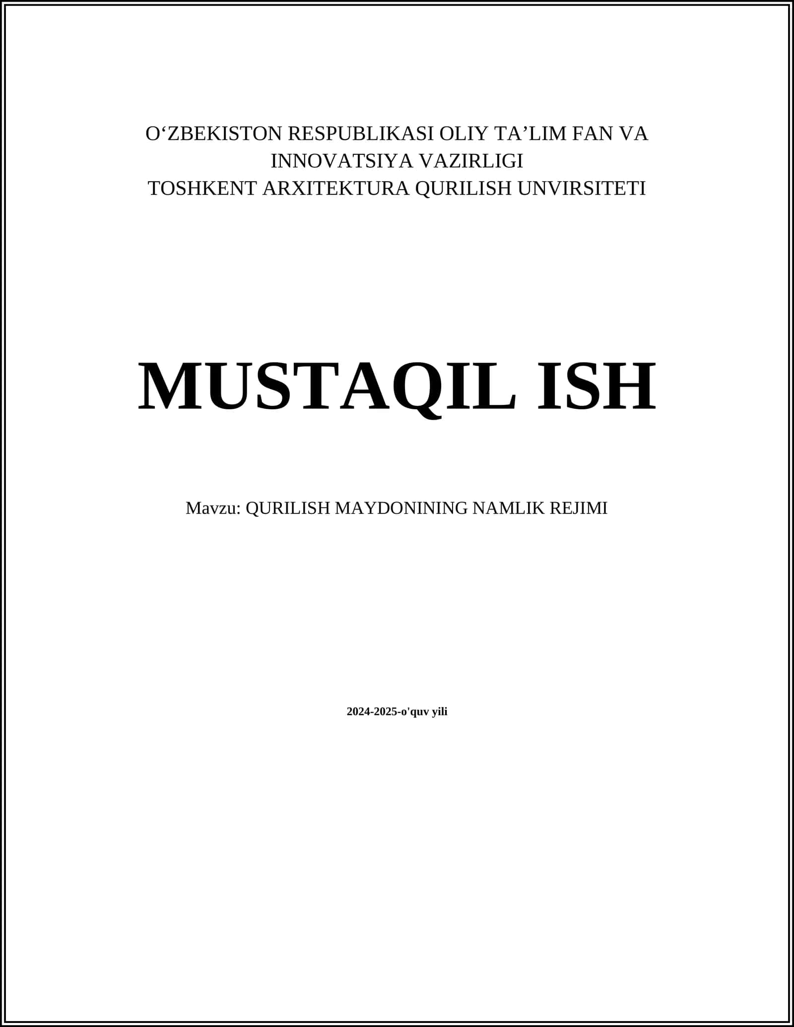 QURILISH MAYDONINING NAMLIK REJIMI