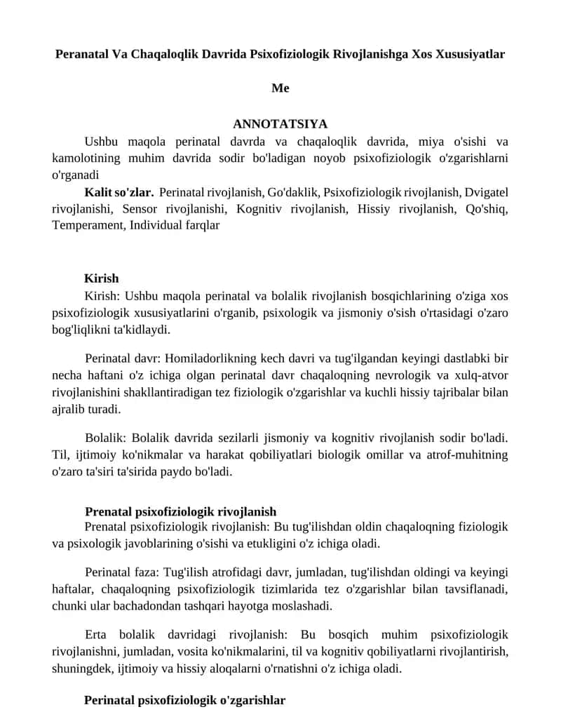 Peranatal Va Chaqaloqlik Davrida Psixofiziologik Rivojlanishga Xos Xususiyatlar