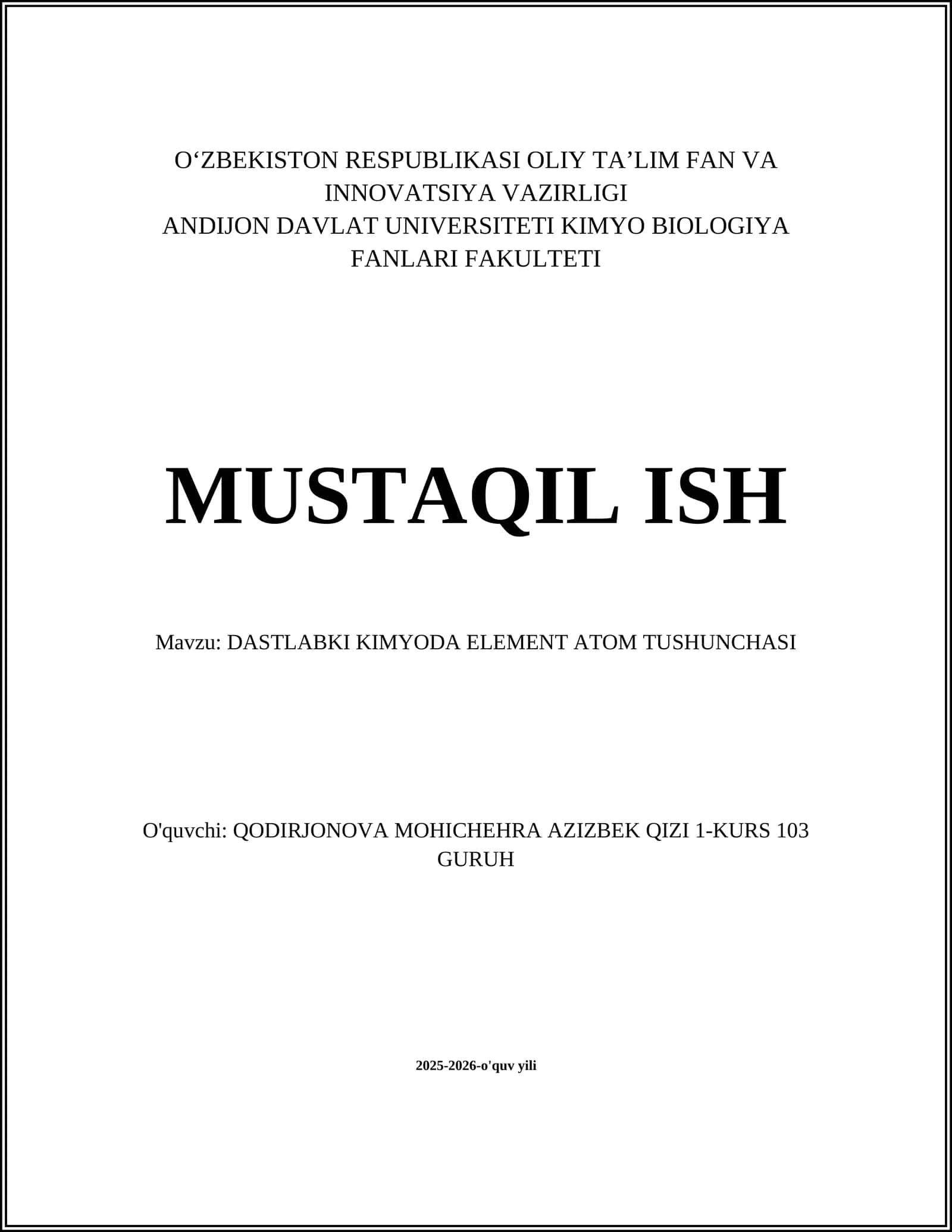 DASTLABKI KIMYODA ELEMENT ATOM TUSHUNCHASI