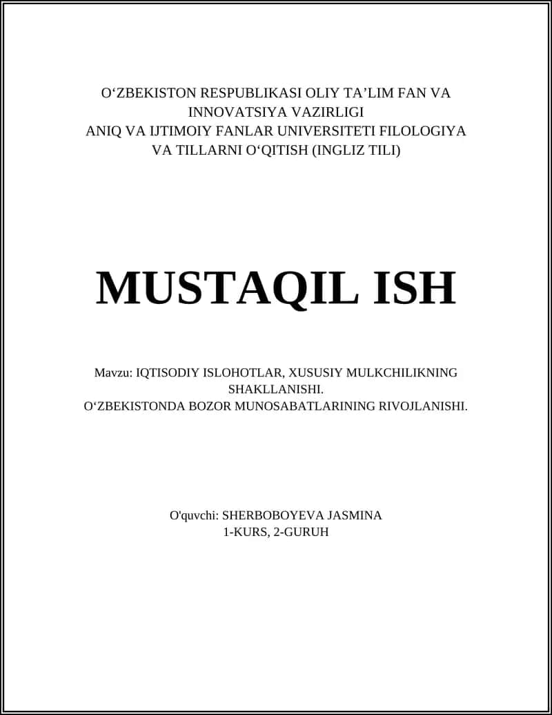 IQTISODIY ISLOHOTLAR, XUSUSIY MULKCHILIKNING SHAKLLANISHI