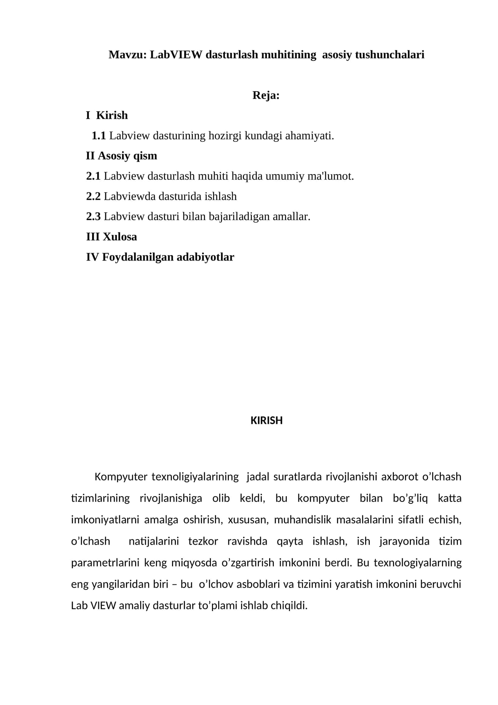 LabVIEW dasturlash muhitining asosiy tushunchalari