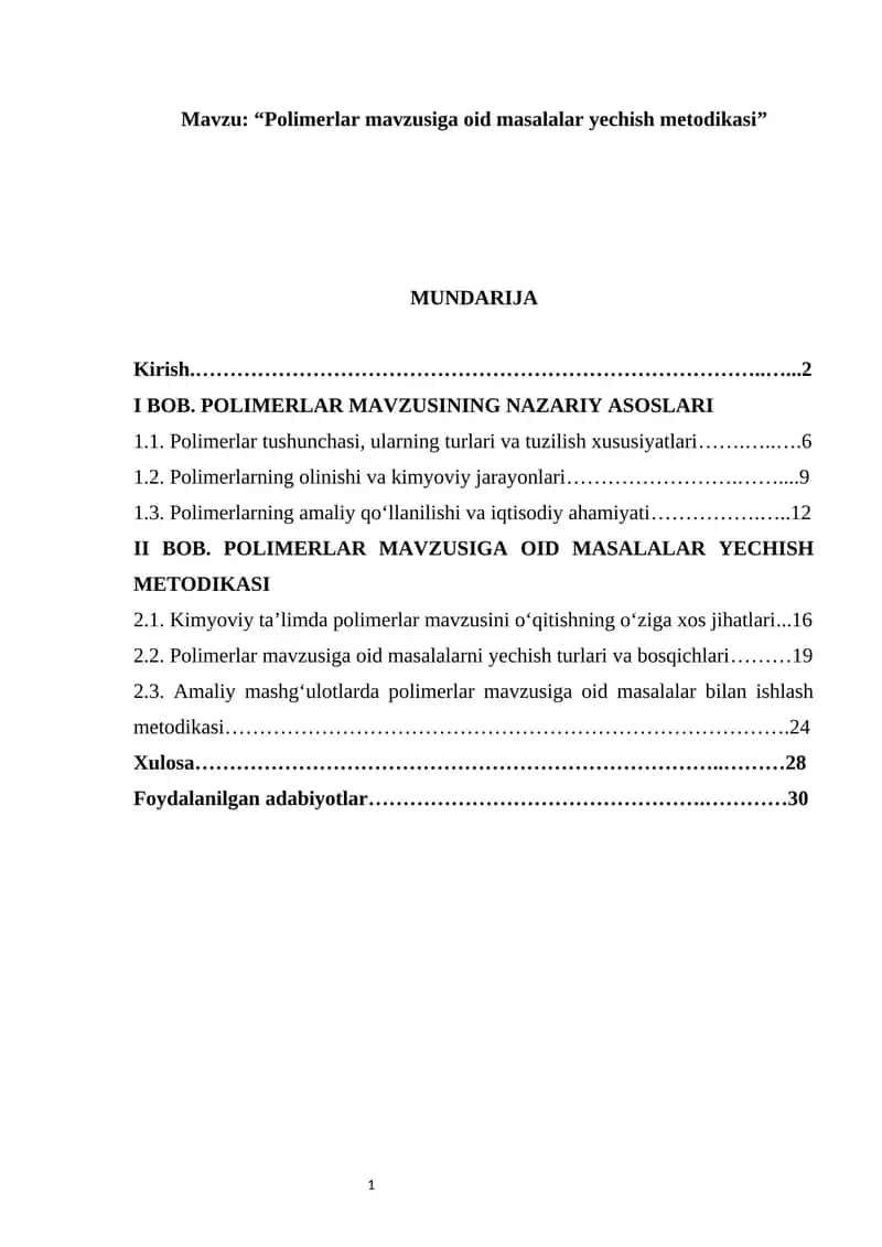 Polimerlar mavzusiga oid masalalar yechish metodikasi”