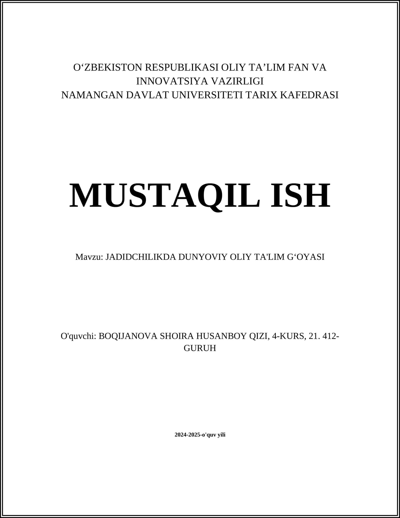 JADIDCHILIKDA DUNYOVIY OLIY TA'LIM GʻOYASI