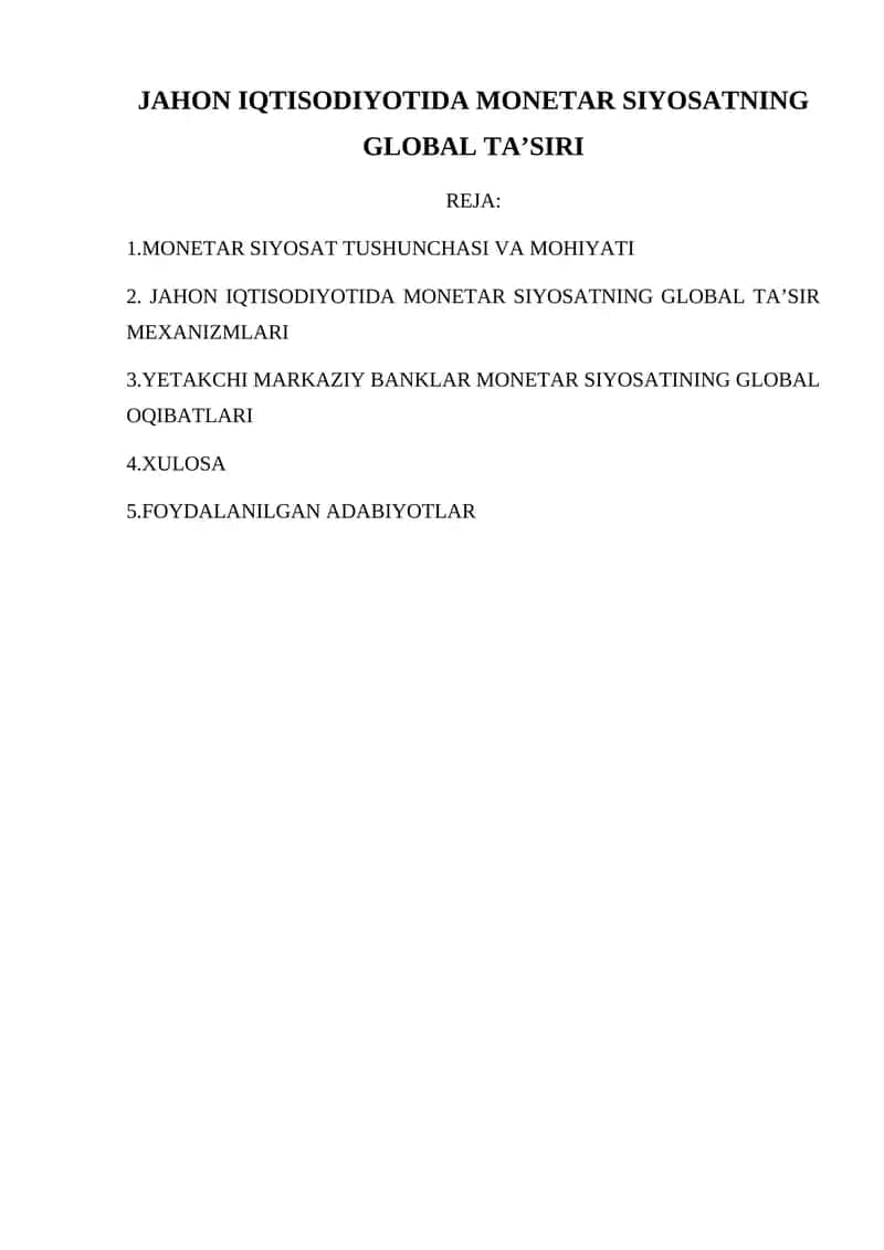 JAHON IQTISODIYOTIDA MONETAR SIYOSATNING GLOBAL TA’SIRI