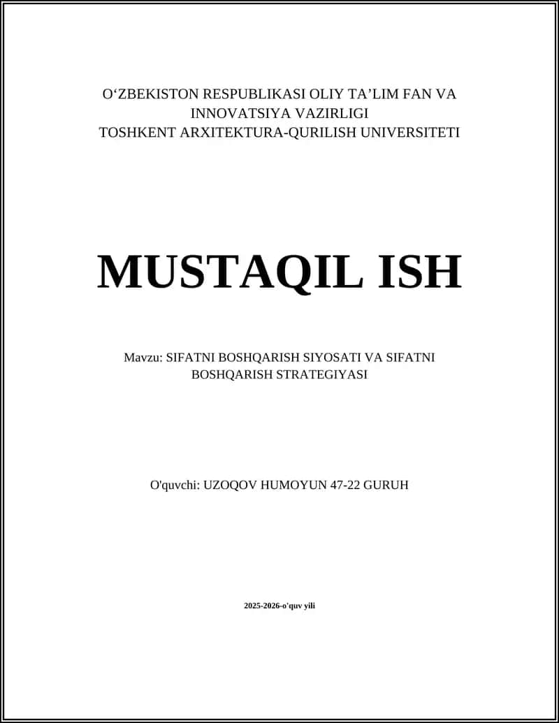 SIFATNI BOSHQARISH SIYOSATI VA SIFATNI BOSHQARISH STRATEGIYASI