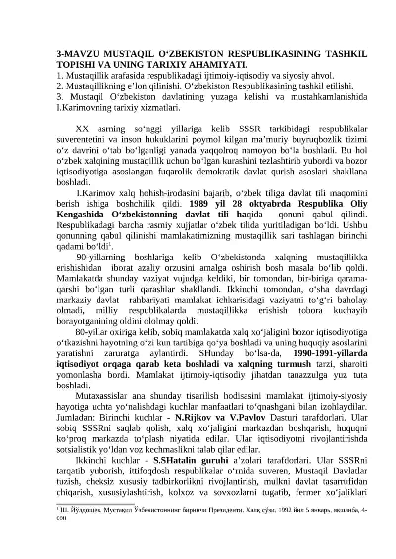 MUSTAQIL O‘ZBEKISTON RESPUBLIKASINING TASHKIL TOPISHI VA UNING TARIXIY AHAMIYATI