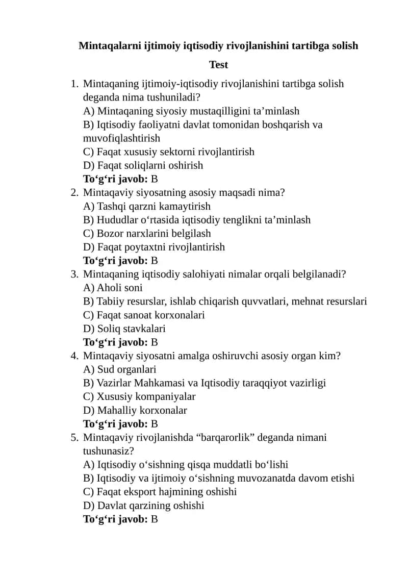 Mintaqalarni ijtimoiy iqtisodiy rivojlanishini tartibga solish