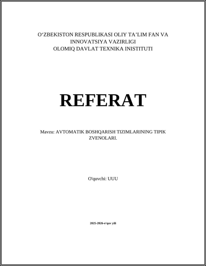 AVTOMATIK BOSHQARISH TIZIMLARINING TIPIK ZVENOLARI
