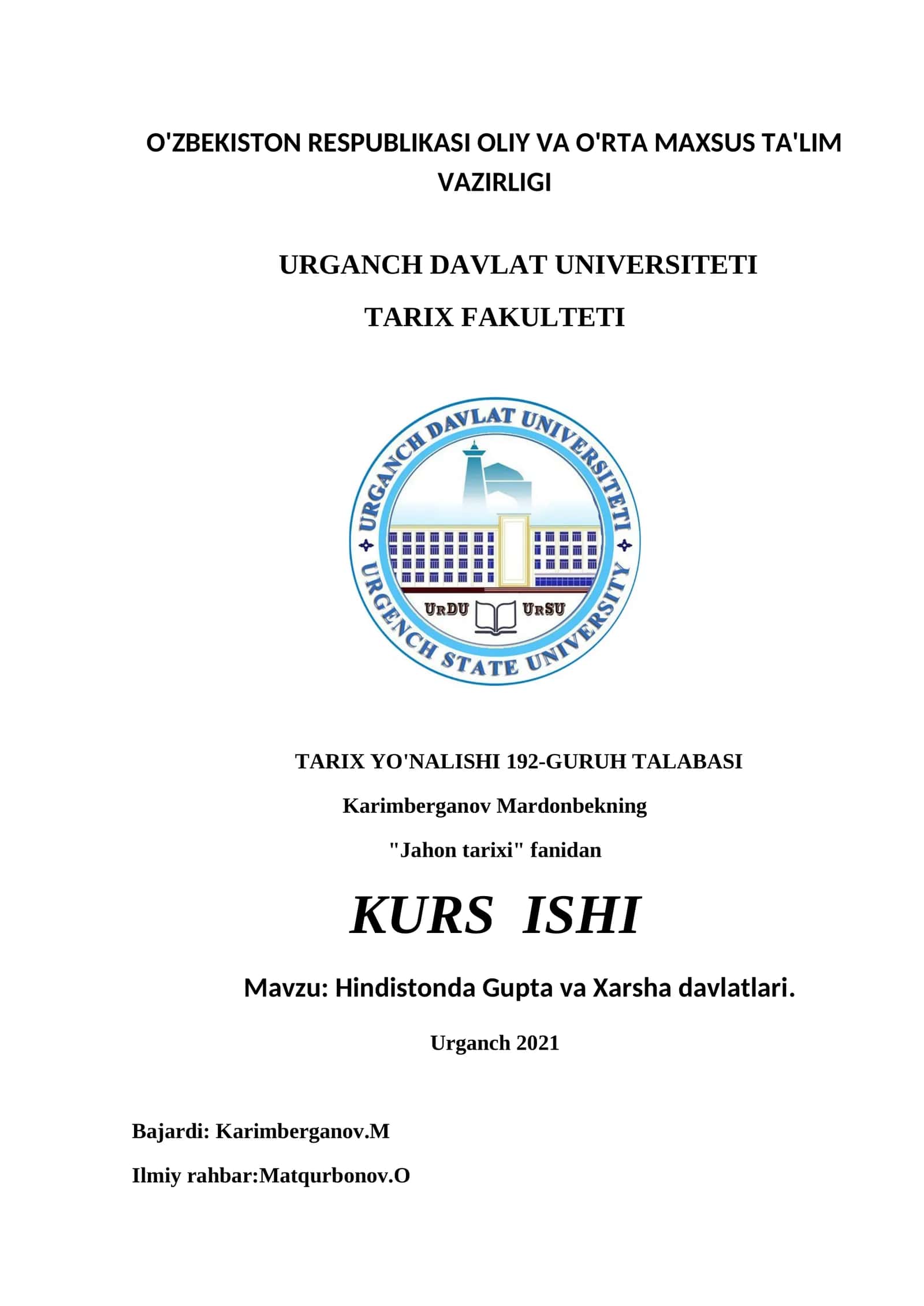 Jahon tarixi fanidan: Hindistonda Gupta va Xarsha davlatlari
