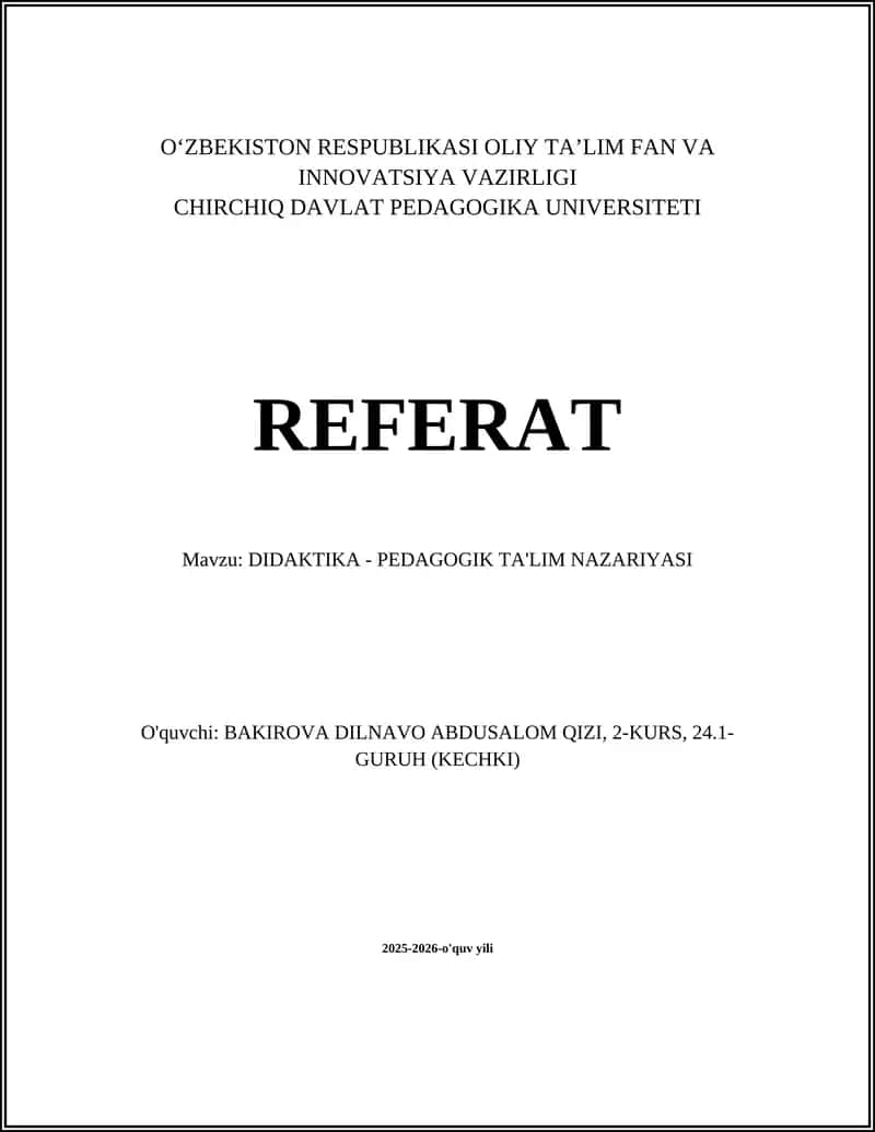 DIDAKTIKA - PEDAGOGIK TA'LIM NAZARIYASI