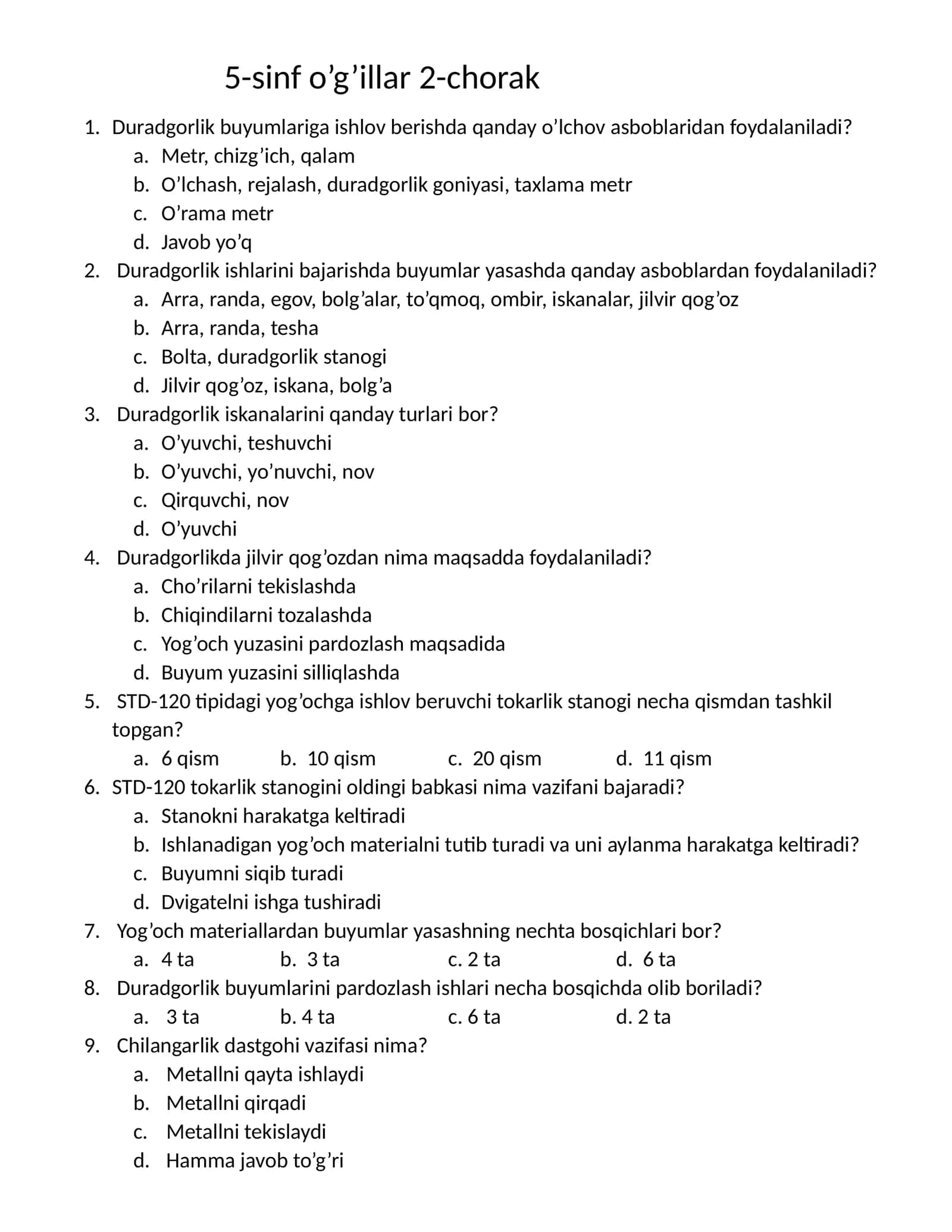 Texnologiya fani 5-sinf o’g’il bolalalarga test 2-chorak