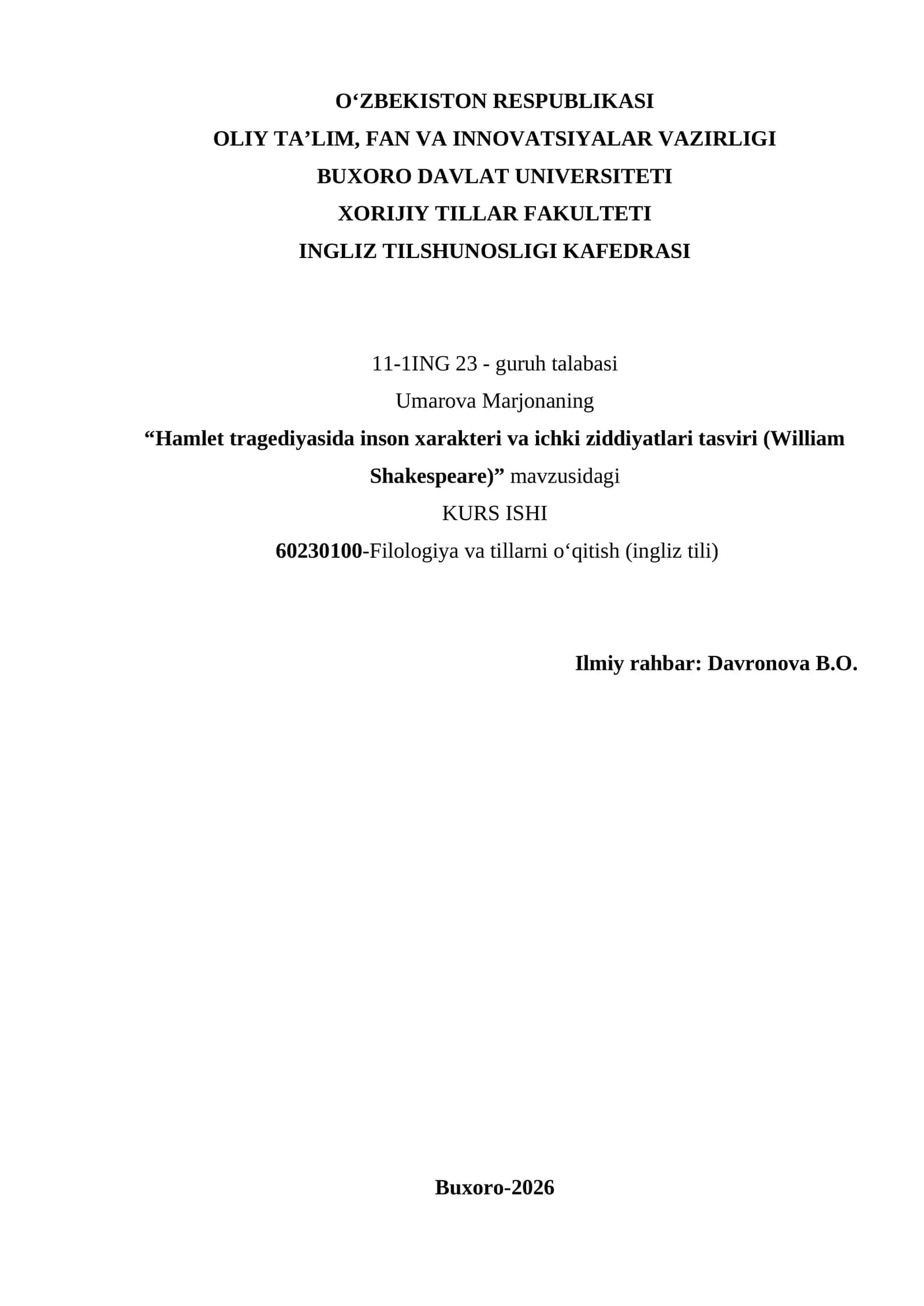 Hamlet tragediyasida inson xarakteri va ichki ziddiyatlari tasviri (William Shakespeare)