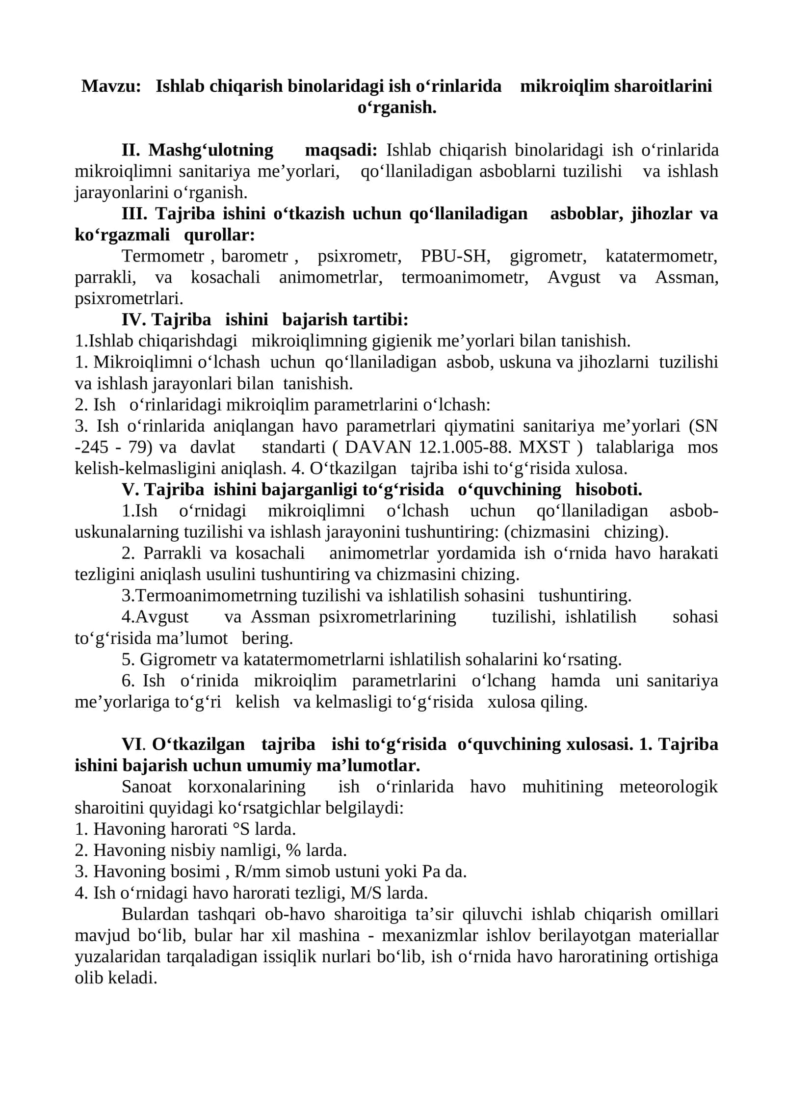 Ishlab chiqarish binolaridagi ish o‘rinlarida mikroiqlim sharoitlarini o‘rganish