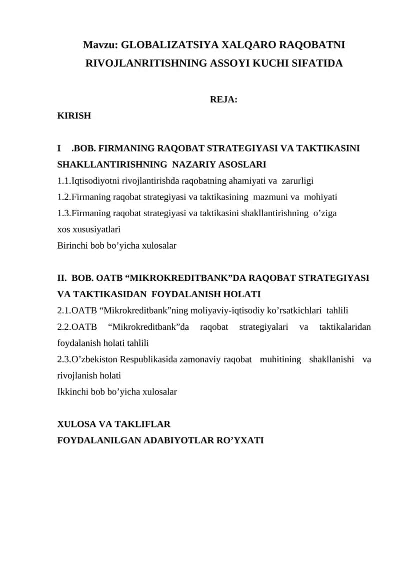 GLOBALIZATSIYA XALQARO RAQOBATNI RIVOJLANRITISHNING ASSOYI KUCHI SIFATIDA