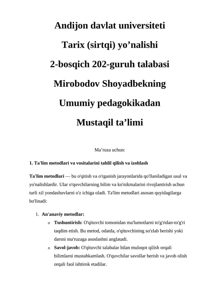 Ta'lim Metodlari va Vositalari Tahlili